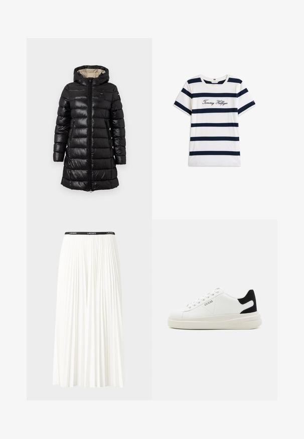 Abrigo negro tipo acolchado con cremallera en la parte delantera, capucha y dos bolsillos laterales. Fabricado con material brillante, cuenta con un patrón acolchado y un diseño ligero.; Camiseta de algodón con rayas horizontales azul marino sobre un fondo blanco. "Tommy Hilfiger" bordado en cursiva en el pecho. Escote de tipo crew.; Falda blanca plisada con una cinturilla elástica negra que presenta el logotipo "LACOSTE". Diseño de longitud media con textura suave.; Zapatillas blancas de cuero con una suela blanca gruesa, acento en el talón de ante negro y logo grabado en el lateral. Diseño de cordones con seis ojales.