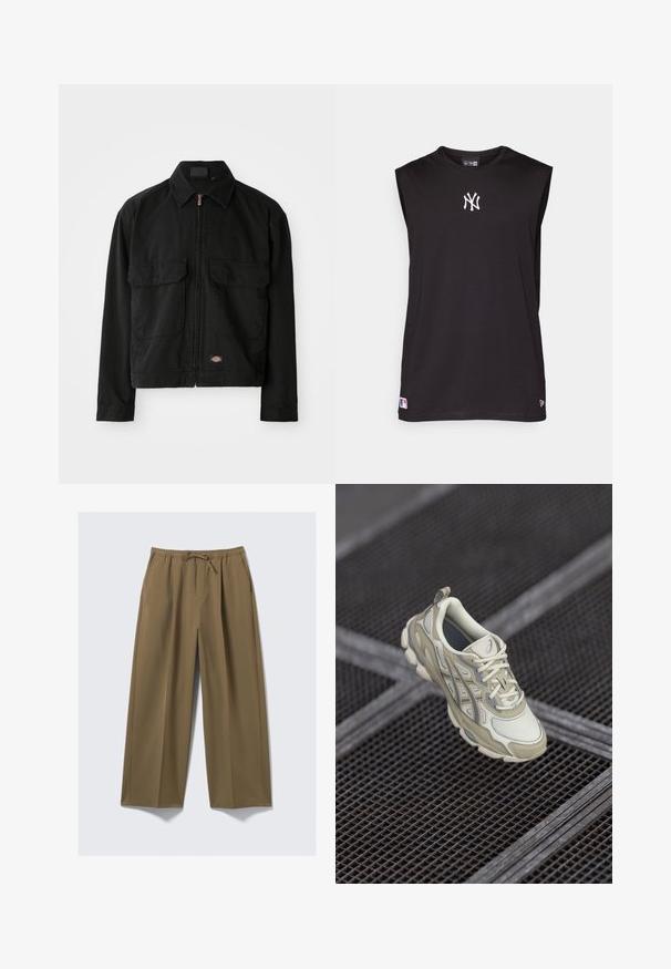 Črna bombažna jakna z zadrgo, ovratnikom v obliki pika, dvema sprednjima žepoma in logotipom pri robu. Gladka tekstura, sproščen dizajn.; Črna majica brez rokavov iz gladkega materiala, ki ima belo vezeno logo in majhno oznako logo na robu.; Hlače širokih nogavic v olivno zeleni barvi, izdelane iz mehkega materiala z elastičnim pasom in nastavljivim vrvico. Imajo dve stranski žepi.; Bežni športni čevelj z teksturirano mrežasto zgornjico, subtilnimi sivo-rjavimi detajli in oblazinjeno jezičko. Zaobljena, oblazinjena podplatna zasnova za udobje.