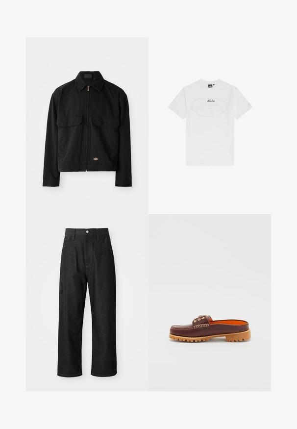 Melnas kokvilnas jaka ar rāvējslēdzēju, ar punktveida apkakli, divām priekšējām kabatām ar ieliktni un logo aplikāciju apakšmalā. Gluda tekstūra, ikdienišķs dizains.; Balta kokvilnas T-kreklu ar īsām piedurknēm. Ar centrālu ovālu grafiku, kurā ir tums zila krāsā rakstīts "New Era". Vienkāršs, klasiskā piegriezuma dizains.; Melnas džinsus bikses ar brīvu piegriezumu, augstu vidukli, rāvējslēdzēja aizdari un piecu kabatu dizainu. Redzama šuvju akcenti visā virsmā.; Brūnas ādas slidu kurpes ar noapaļotu purngalu, teksturētu šuvju detaļu, zeltainām acīm un brūnu, reljefa zoli. Iekšpuse izceļas ar spilgti oranžu krāsu.