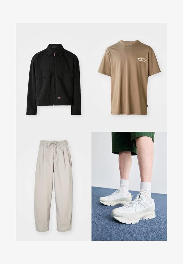 Giacca in cotone nera con chiusura a zip, colletto a punta, due tasche a pattina frontali e patch con logo all'orlo. Texture liscia, design casual.; T-shirt in cotone marrone con collo a giro e maniche corte, decorato con un logo bianco che recita "Dickies Workwear" nella parte sinistra del petto.; Pantaloni beige leggeri con vita elastica e coulisse. Presentano delle pieghe e una vestibilità ampia, realizzati in tessuto morbido e liscio.; Scarpe da ginnastica bianche con sovrapposizioni testurizzate, suola spessa e accenti grigi. Indossate con calze corte bianche e pantaloni corti verdi su una superficie blu.