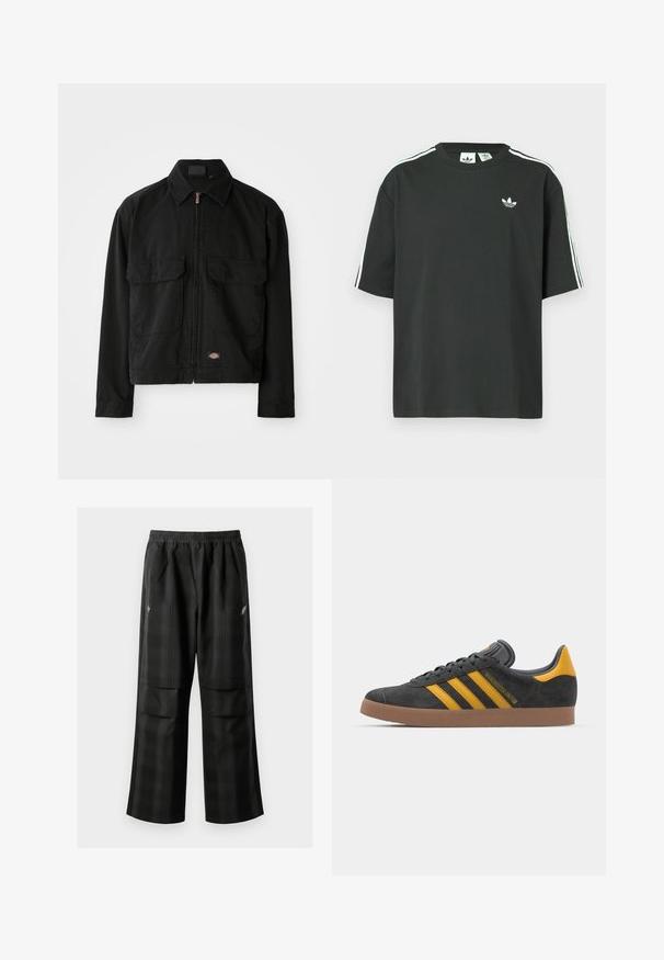 Melnas kokvilnas jaka ar rāvējslēdzēju, ar punktveida apkakli, divām priekšējām kabatām ar ieliktni un logo aplikāciju apakšmalā. Gluda tekstūra, ikdienišķs dizains.; Melna kokvilnas T-krekls ar īsām piedurknēm, apaļu kakla izgriezumu un baltām trim svītrām uz pleciem. Uz krūtīm neliels balts logo.; Melnas kvadrātveida bikses ar elastīgu jostu, divām priekšējām kabatām un brīvu piegriezumu ar taisnām kājām. Izgatavotas no viegla materiāla.; Melnas zamšādas kedas ar dzelteniem akcentiem, kurām ir trīs svītras un brūna gumijas zole. Iekļauta mīksta valkāšanas tongue komfortam.
