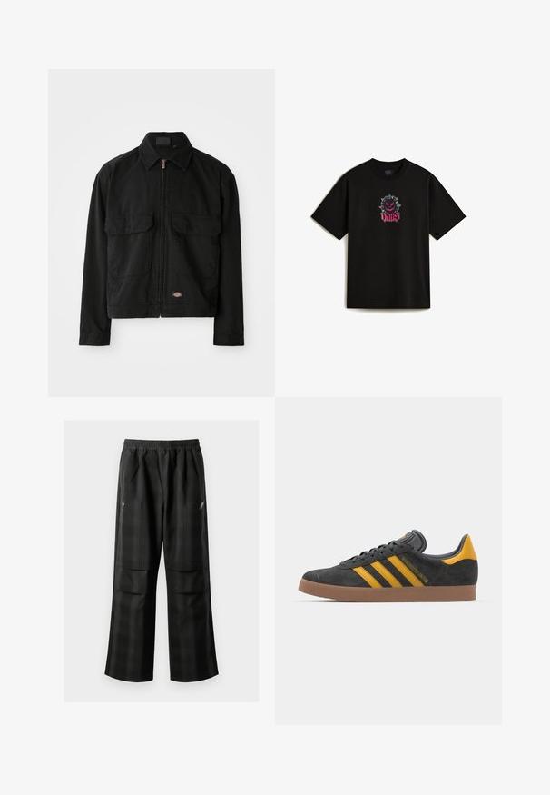 Černá bavlněná bunda se zipovým zapínáním, klasickým límcem, dvěma předními náprsními kapsami a logem na lemu. Hladká textura, volnočasový design.; Černé bavlněné tričko s grafickým potiskem na přední straně, zobrazující bodkovanou karikaturu a slovo "VANS" v růžovém písmu. Krátké rukávy.; Černé kostkované kalhoty s elastickým pasem, dvěma předními kapsami a volným střihem se rovnými nohavicemi. Vyrobeny z lehkého materiálu.; Černé semišové tenisky se žlutými akcenty, vybavené třemi pruhy a hnědou gumovou podrážkou. Obsahují polstrovaný jazyk pro pohodlí.