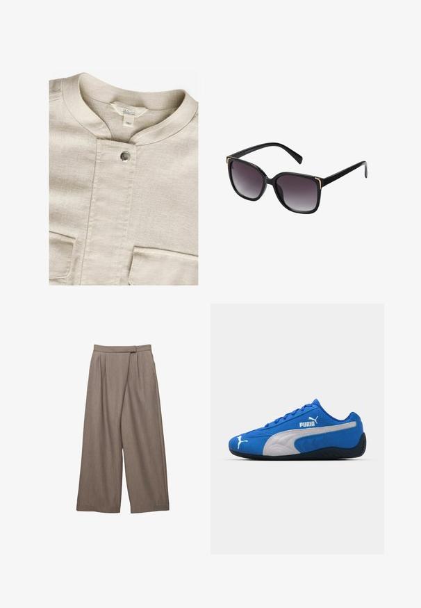 Beige linen shirt with a round collar, central snap closure, and two front pockets. Features a subtle texture and minimalist design.; Light pink long-sleeve shirt with white vertical stripes and a matching tie. Smooth texture, button-down collar, and cuffed sleeves.; Wide-leg trousers in a light brown fabric, featuring pleats at the waist and a smooth texture. Design with side pockets for practicality.; Blue athletic shoes with a suede upper, featuring a white side panel and black rubber sole. Includes a raised PUMA logo on the side.; Black sunglasses with gradient gray lenses, oversized square frames featuring gold accent details on corners, and sleek black temples.; Woven olive green handbag with a rounded shape and a twisted handle. Textured surface features a diagonal pattern. Zipper closure.