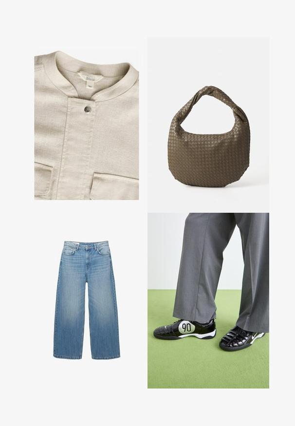 Camicia di lino beige con colletto rotondo, chiusura centrale a pressione e due tasche frontali. Presenta una trama sottile e un design minimalista.; Costume da bagno intero nero con scollatura a V profonda e spalline incrociate sul retro. Realizzato in tessuto morbido con un design elegante e aderente.; Jeans a gamba larga di un blu chiaro in denim, con un classico design a cinque tasche e chiusura con bottone. Texture scolorita in tutta la superficie.; Sneakers in pelle verniciata nera con un dettaglio argentato "90", caratterizzati da una superficie testurizzata e un design con lacci, abbinati a pantaloni larghi grigi.; Borsa in oliva intrecciata con forma arrotondata e manico attorcigliato. La superficie testurizzata presenta un motivo diagonale. Chiusura con cerniera.