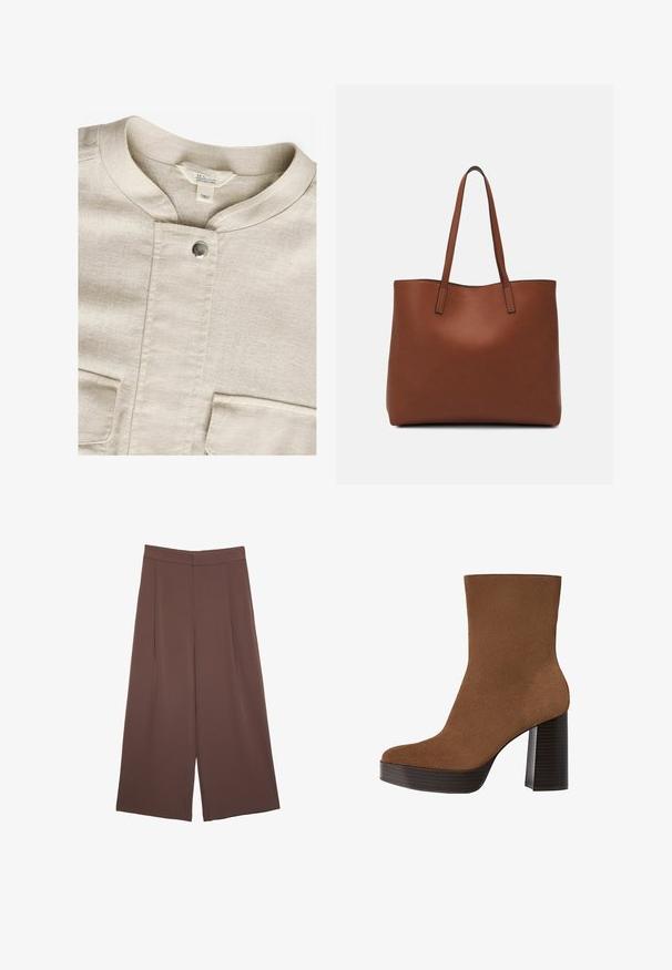 Chemise en lin beige avec un col rond, fermeture à pression centrale et deux poches avant. Présente une texture subtile et un design minimaliste.; T-shirt marron à manches courtes en tissu doux, avec un col rond et une coupe décontractée. Aucun motif ni accent visible.; Pantalons larges marron avec une texture lisse, dotés d'une taille haute et de plis à l'avant. Le tissu est léger et tombe de manière fluide.; Botte cheville en suède marron avec un bout rond, un large talon à rayures noires et une surface lisse. Présente un design ajusté sans quincaillerie visible.; Sac fourre-tout en cuir marron avec une texture lisse, design à ouverture supérieure et deux poignées pour le porter à l'épaule. Présente des coutures minimales et aucun matériel visible.
