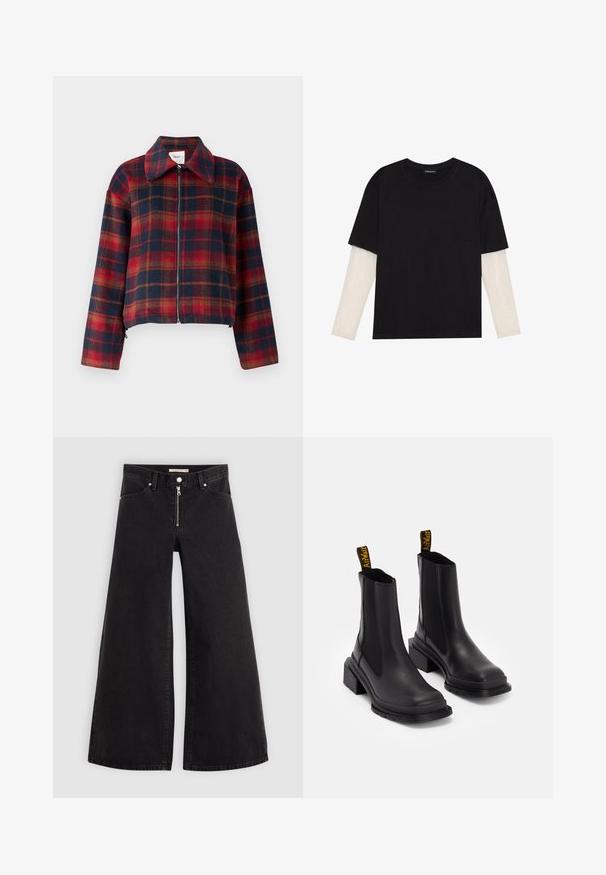 Object OBJSELINE JACKET - Veste légère - sky captain; T-shirt noir en coton, avec des manches courtes sur une couche à manches longues blanche avec un motif texturé subtil. Col rond.; Jean large en denim noir avec une fermeture éclair à l'avant, un design à cinq poches et des détails de couture subtils. Texture lisse et style décontracté.; Bottines noires en cuir lisse avec des panneaux latéraux en élasthanne, un bout carré et un talon épais. Présente des tirettes jaunes avec logo.