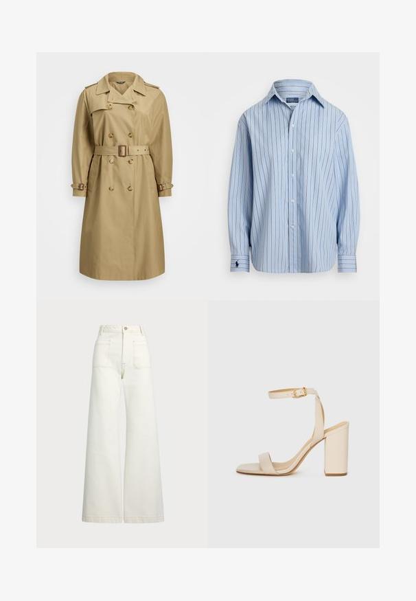 Bežs tranšejas mētelis ar divrindām, lieliem atloks, ar jostu viduklī un regulējamām piedurknēm; gluda auduma klasiskā dizains.; Gaiši zila garā piedurkne krekls ar vertikālām svītrām baltā un brūnā krāsā, ar pogām priekšpusē un mazu logo kreisajā piedurknes daļā. Mīksta auduma tekstūra.; Platās kājas džinsi off-white denima. Augsta jostasvieta ar pogu aizdari, divas priekšējās kabatas un kontrastējošas šuvju detaļas.; Bežīgas augstpapēžu sandales ar kvadrātu purngalu, plānu potītes siksnu un blokveida papēdi. Gluda ādas tekstūra ar zelta sprādzi.