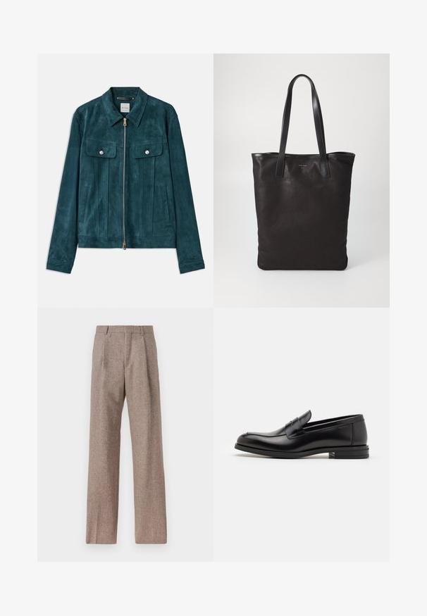 Tyrkysová semišová bunda s límcem, zipovým uzávěrem, předními kapsami a stříbrnými detaily. Obsahuje vertikální panely a hladkou texturu.; Bílá dlouhá košile s knoflíky vyrobená z bavlny, která má náprsní kapsu s tónovanou výšivkou, límec a knoflíkové manžety.; Hnědé kalhoty s vysokým pasem vyrobené z texturované látky. Mají široké nohavice a dva přední sklady pro strukturu. Úhledné provedení bez viditelné kovových částí.; Černé kožené polobotky s hladkou texturou, zaoblenou špičkou a zdobným páskem přes nárt. Nízký stohovaný podpatek, minimalistický design.; Černá plátěná taška s černými koženými uchy. Jednoduchý design, prostorné tělo a hladký povrch. Žádné viditelné loga ani vzory.