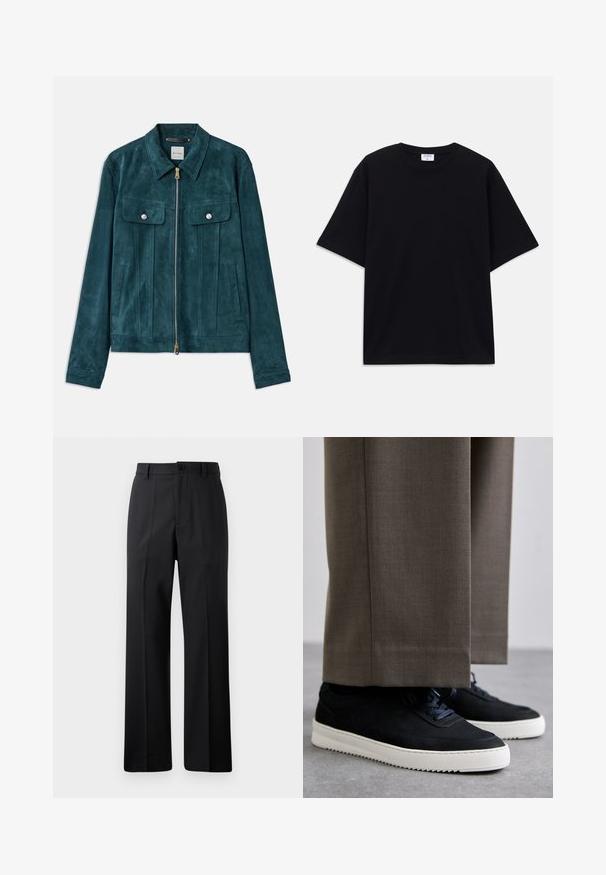 Türkisfarbene Wildlederjacke mit Kragen, Reißverschluss, Fronttaschen und silbernen Beschlägen. Sie hat vertikale Einsätze und eine glatte Textur.; Schwarzes, oversized T-Shirt mit kurzen Ärmeln und rundem Ausschnitt, mit sichtbarem Filippa K Markenlabel im Kragen.; Schwarze gerade geschnittene Hose mit Gürtelschlaufen, Knopfverschluss vorne und Reißverschluss, vor einem schlichten weißen Hintergrund präsentiert.; Schwarze Wildleder-Sneaker mit weißen Gummisohlen, mit einer abgerundeten Zehenpartie und Schnürsenkeln, getragen zu grauen maßgeschneiderten Hosen.