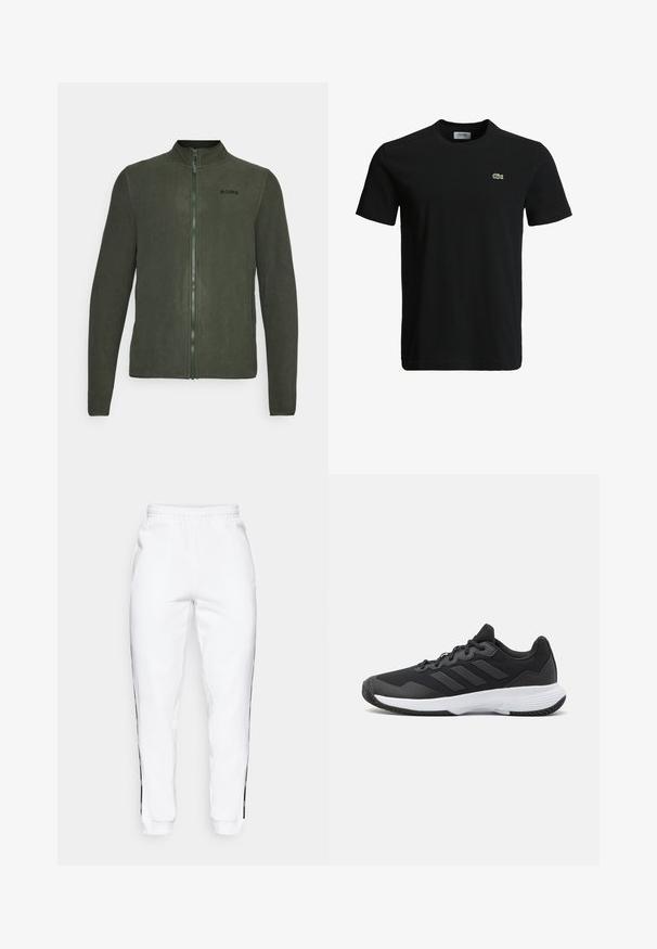 Tumši zaļas polārfleeces jaka ar stāvu apkakli, priekšējo rāvējslēdzēju un uz kreisā krūškurvja smalku melnu "BORG" logo. Mīksta tekstūra.; Melna kokvilnas T-krekls ar apaļu kakla izgriezumu, īsām piedurknēm un mazu zaļu krokodila logotipu kreisajā krūtī. Gluda tekstūra, ikdienišķs dizains.; Baltas sporta bikses ar elastīgu jostasvietu, ar melniem sānu svītrām un aprocēm. Izgatavotas no mīksta auduma ar gludu tekstūru.; Melna sporta apavi ar teksturētu virsu, trim horizontālām svītrām un baltu zoli ar rakstainu protektoru. Viegls un plūstošs dizains.