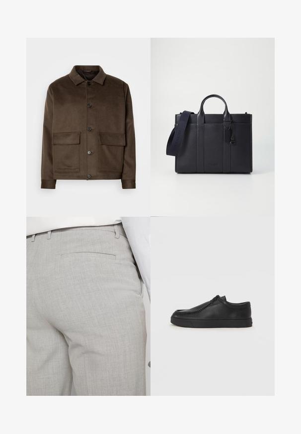 Barna gyapjúkeverék dzseki klasszikus gallérral, négy elülső zsebből, gombos záródással és sima textúrával. Slim fit kialakítás.; Fekete garbó pulóver puha anyagból, hosszú ujjakkal és szoros fazonnal. Ribbed díszítés az alján és az ujjak végén. Egyszerű dizájn.; Világosszürke, texturált anyagból készült szabott nadrág, egyetlen hátsó zsebbel és tiszta varrással.; Fekete bőr slip-on cipő lekerekített orral, varrott részletekkel és fekete gumitalppal. Simaság és minimalista dizájn jellemzi.; Sötét tengerészkék bőr aktatáska, dupla felső fogantyúval és levehető pánttal. Texturált felülettel, függőleges varrással és logó részlettel rendelkezik.
