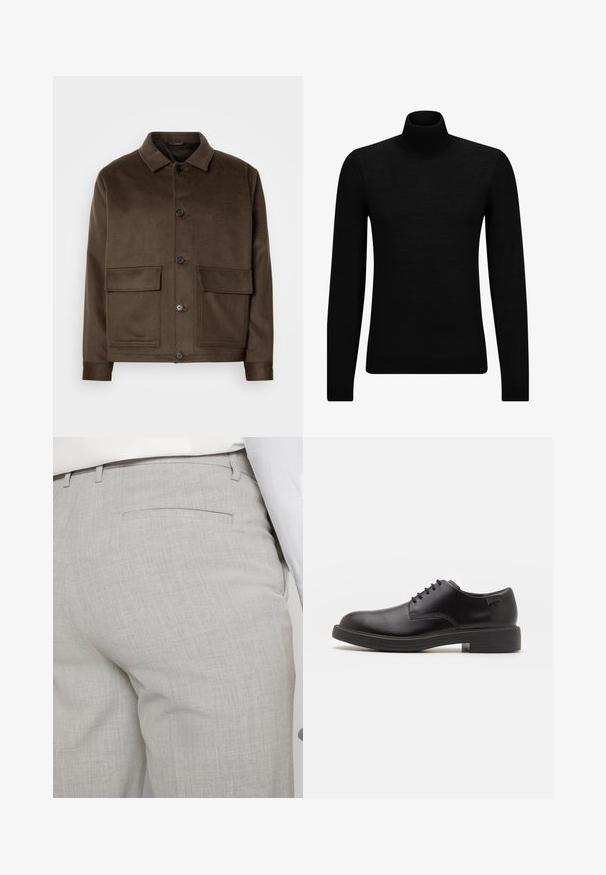 Barna gyapjúkeverék dzseki klasszikus gallérral, négy elülső zsebből, gombos záródással és sima textúrával. Slim fit kialakítás.; Fekete garbó pulóver puha anyagból, hosszú ujjakkal és szoros fazonnal. Ribbed díszítés az alján és az ujjak végén. Egyszerű dizájn.; Világosszürke, texturált anyagból készült szabott nadrág, egyetlen hátsó zsebbel és tiszta varrással.; Fekete bőrcipő, kerek orrú, sima felületű, minimális varrással és alacsony gumitalppal. Logó a sarokrészen.