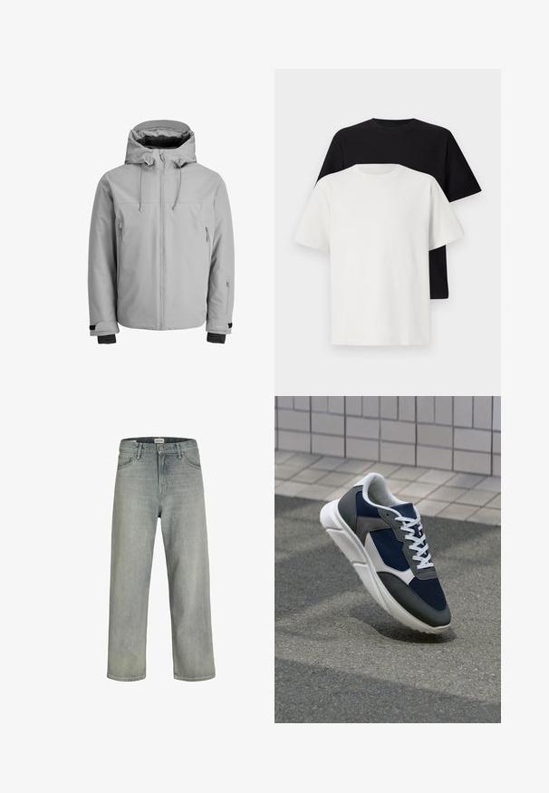 Világosszürke, bélelt dzseki kapucnival, elülső cipzárral és oldalsó cipzáras zsebekkel. Állítható mandzsettákkal és sima, vízálló felülettel rendelkezik.; Pamut póló szett, amely egy fekete és egy fehér pólót tartalmaz, mindkettő rövid ujjú, környakú és normál fazonú. Texturált anyag.; Világosszürke, laza szabású farmernadrág. Klasszikus öt zsebes dizájn, övhurkok és egyenes szárú fazon jellemzi.; Cipő, amelynek sötétkék hálós felsőrésze, szürke velúr díszítései, fehér gumitalpa és lapos fehér fűzője van, a kényelem és a légáteresztő képesség érdekében tervezve.