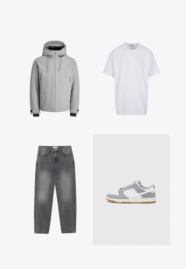 Hellgraue, isolierte Jacke mit Kapuze, Frontreißverschluss und seitlichen Reißverschlusstaschen. Verfügt über verstellbare Bündchen und eine glatte, wasserabweisende Textur.; Weiße Baumwoll-T-Shirt mit kurzen Ärmeln, rundem Ausschnitt, lockerer Passform und ohne sichtbare Logos oder Muster. Glatte Textur und minimalistisches Design.; Hoch taillierte, locker sitzende Jeans aus verwaschenem schwarzem Denim. Verfügt über fünf Taschen, Gürtelschlaufen und ein sauberes, gerades Bein-Design.; Graue und weiße Sneaker mit einem Obermaterial aus Wildleder und Leder, abgerundeter Spitze, flachen Schnürsenkeln und einer Gummisohle mit einem Kautschukakzent.