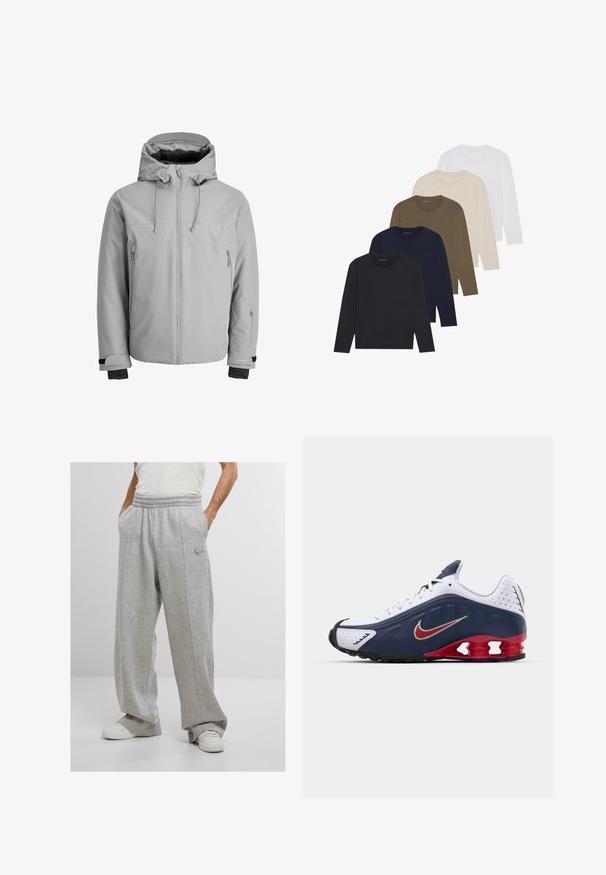 Lys grå, isoleret jakke med hætte, frontlynlås og sidelommer med lynlås. Har justerbare ærmer og en glat, vandafvisende overflade.; Fem langærmede skjorter i en farvegradient: mørkeblå, navy, olivengrøn, beige og hvid. Hver skjorte har en rund halsudskæring og en glat tekstur.; Grå sweatpants lavet af blødt stof, med elastisk talje, sidelommer og broderet logo på venstre hofte. Bred ben design.; Hvide og marineblå atletiske sko med røde detaljer, netpaneler, polstret krave og et særpræget såledesign med synlige støddæmpningsenheder.