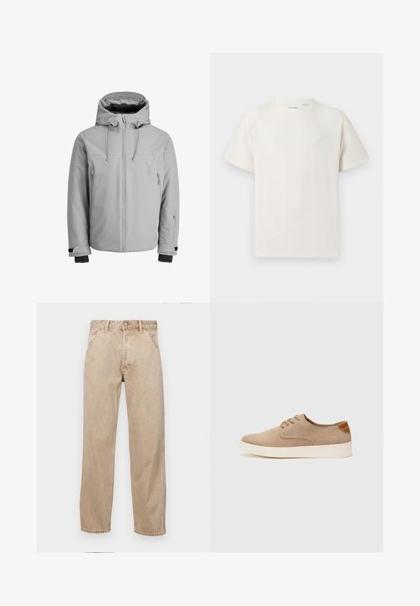 Hellgraue, isolierte Jacke mit Kapuze, Frontreißverschluss und seitlichen Reißverschlusstaschen. Verfügt über verstellbare Bündchen und eine glatte, wasserabweisende Textur.; Weißes T-Shirt mit kurzen Ärmeln in gerippter Textur. Runder Ausschnitt, lockere Passform, keine sichtbaren Muster oder Akzente. Einfaches und vielseitiges Design.; Beige Denim-Jeans mit geradem Beinschnitt, ausgestattet mit Vordertaschen, einem Metallknopfverschluss und feiner Textur.; Beige Wildleder-Sneaker mit runder Zehenpartie, Schnürung und strukturiertem Rückenteil. Die weiße Gummisohle sorgt für einen Kontrast. Einfaches und modernes Design.