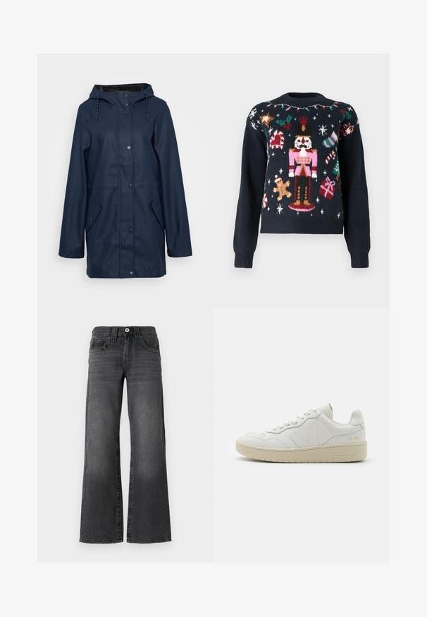 Námornícka nepremokavá dažďová bunda s kapucňou, patentkami, dvoma postrannými vreckami a nastaviteľnou šnúrkou pri výstrihu. Hladká textúra.; Námornícky modrý sveter s veselými pletenými vzormi, vrátane muža zázraku, perníkovej postavičky, cukrových prúžkov a darčekov s viacfarebnými akcentmi.; Džínsy s voľným strihom v tmavosivej džínovine. Obsahujú päť vreciek, gombíkový uzáver a jemné vyblednutie látky. Klasické prešitie ako akcent.; Biele kožené tenisky s perforovanou špičkou, kontrastnou béžovou gumovou podrážkou a logovými akcentmi na boku a päte. Minimalistický dizajn.