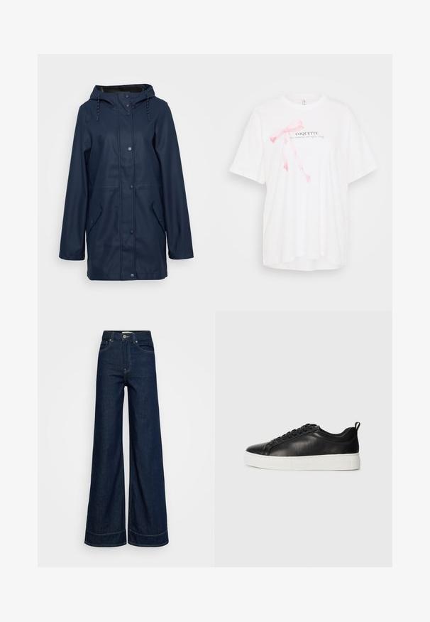 Casaco de chuva impermeável azul-marinho com capuz, botões de pressão, dois bolsos laterais e cordão ajustável na gola. Textura suave.; T-shirt branca de manga curta com um gráfico de fita rosa e o texto "COQUETTE" em preto. Tecido suave com um corte descontraído.; Calças largas de cintura alta em azul escuro, com bolsos frontais, passantes para cinto, fecho de botão e costura visível em fundo branco.; Sapatilha de couro preta de cano baixo com atacadores pretos e sola de borracha branca grossa, vista do lado externo sobre um fundo branco.