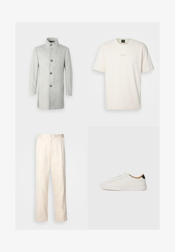 JOOP! MARON - Klasisks mētelis - medium grey; BOSS TEE - Pamata T-krekls - open white; Bežā krāsā auduma bikses ar taisnu kāju griezumu, pievienotām pogu aizdares un priekšējiem krokām papildu detaļām.; Balti apavi ar gludu ādas augšdaļu, apaļu purngalu un plakanu zoli. Melns akcentus papēdī, ar tonālām šņorēm un minimālu zīmolu.