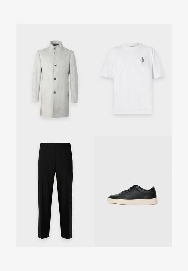 JOOP! MARON - Abrigo clásico - medium grey; Camiseta de algodón blanca con un corte relajado, con un pequeño logotipo gráfico negro en el área del pecho izquierdo. Mangas cortas, estilo cuello redondo.; Pantalones negros de tela suave, con corte recto, dos bolsillos frontales y cremallera con cierre de botón.; Zapatilla negra de piel de caña baja con cordones negros y suela color crema, mostrada en perfil lateral sobre fondo blanco.