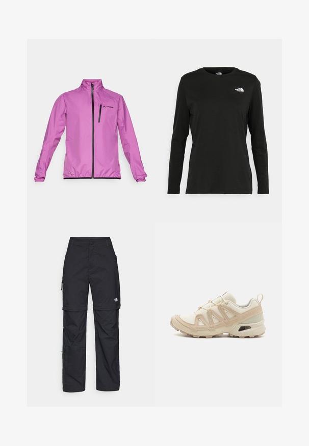 Lyserød vindjakke med højt krave, frontlynlås, elastiske manchetter og en brystlomme. Har et logo i sort.; Sort langærmet t-shirt lavet af bomuld med rund hals. Har et lille hvidt logo på venstre brystområde. Enkel design og pasform.; Sorte nylon cargo bukser med lynlås, justerbare manchetter, flere lommer og et logo på højre ben. Glat, let tekstur.; Beige og creme atletiksko med struktureret mesh-overdel, støttende overlays og gummiyderside med et mønster for trækkraft.