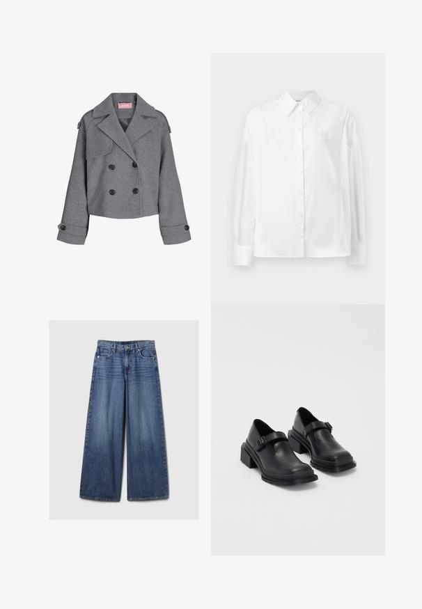 Siva, skrajno podkrita dvoredna jakna iz strukturiranega blaga. Ima velike črne gumbe, poudarjene reverje in gumbne manšete. Podložena notranjost.; Bela srajca z dolgimi rokavi in gumbi, izdelana iz gladkega bombažnega mešanega materiala. Ima klasičen ovratnik, sprednje zapiranje na gumbe in zaokrožene manšete.; Široke jeans hlače iz modrega denima z bledečim finišem, z gumbom in zadrgo, petimi žepi in zanko za pas.; Črne usnjene čevlje z zaobljenim nosom, ravnim podplatom in trakcem z zaponko. Debel blokasti petnik za dodatno stabilnost.