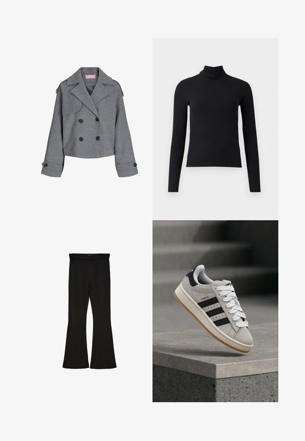 Siva, skrajno podkrita dvoredna jakna iz strukturiranega blaga. Ima velike črne gumbe, poudarjene reverje in gumbne manšete. Podložena notranjost.; Črna rebrasta pulover s turtleneck ovratnikom, dolgimi rokavi, oprijetim krojem, gladko teksturo in visokim ovratnikom. Brez vidnih vzorcev ali okrasitev.; Črne flare leggings iz raztegljive tkanine. Imajo širok pas in gladko teksturo, s prilegajočo silhueto, ki se na robu razširi.; adidas Originals CAMPUS 00S W - Športni copati - crystal white/core black/off white