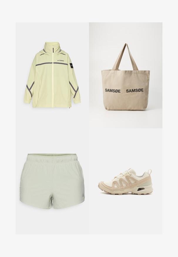 Svetložltá nepremokavá bunda s predným zipsom, nastaviteľnou kapucňou, šedými akcentmi a elastickými manžetami. Obsahuje logo na hrudi a rukáve.; Dlhý rukáv, svetlozelená košeľa vyrobená z textúrovaného materiálu, s okrúhlym výstrihom a malým logom na ľavej strane hrudníka.; Svetlozelené športové šortky vyrobené z priedušného materiálu, s perforovanou textúrou a elastickým pásom. Logo je potlačené na boku.; Beige a krémová športová obuv s textúrovaným sieťovým zvrškom, podporujúcimi prekrytiami a gumovou podrážkou s dezénom pre trakciu.; Béžová plátenná taška so sťahovacím vrchným dielom a dvoma čiernymi potlačenými logami "SAMØE". Má pevnú béžovú ramennú rukoväť a jednoduchý, neštruktúrovaný dizajn.
