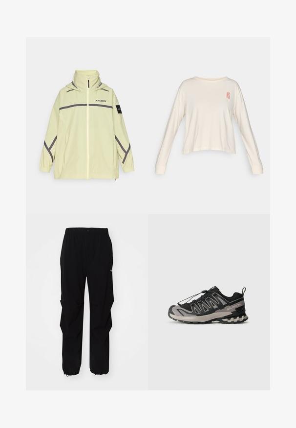 Lys gul vandtæt jakke med frontlynlås, justerbar hætte, grå detaljer og elastiske manchetter. Har logo på brystet og ærmet.; Langærmet cremefarvet skjorte lavet af blødt stof, med en rund hals og et lille rødt zigzag-mønster på venstre brystområde.; Sorte udendørsbukser lavet af slidstærkt materiale, med en afslappet pasform, elastisk talje og tilpassede lukninger ved anklerne for justerbar længde.; Sort og grå atletiksko med overdel i mesh, gummisål og elastisk snøresystem. Har forstærket tå og teksturerede detaljer.