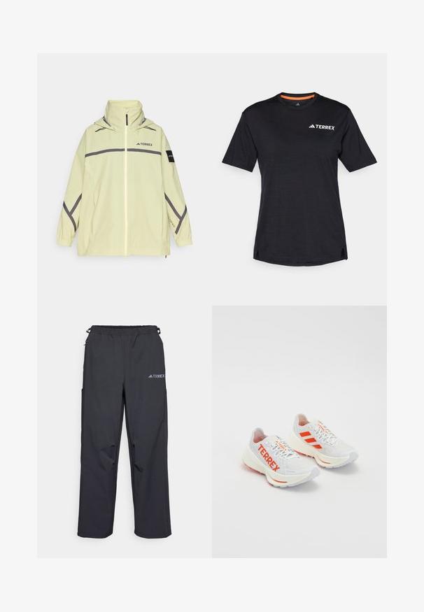 Gaiši dzeltena ūdeni necaurlaidīga jaka ar priekšējo rāvējslēdzēju, regulējamu kapuci, pelēkiem akcentiem un elastīgām piedurknēm. Iezīmēta ar logotipu uz krūšu un piedurknes.; Melns īsām piedurknēm T-krekls ar apaļu dekoltē, ar smalku heather tekstūru un baltu "TERREX" logo augšējā kreisajā pusē.; Melnas, vieglas āra bikses ar elasticu jostu, sānu kabatām un logo augšējā labajā kājā. Gluda, ūdensizturīga auduma.; Baltie skriešanas apavi ar oranžām akcentiem. Sietveida materiāls, noapaļots pirksts un bieza starpzole. "TERREX" uzdrukāts uz sāna un trīs svītras uz papēža.