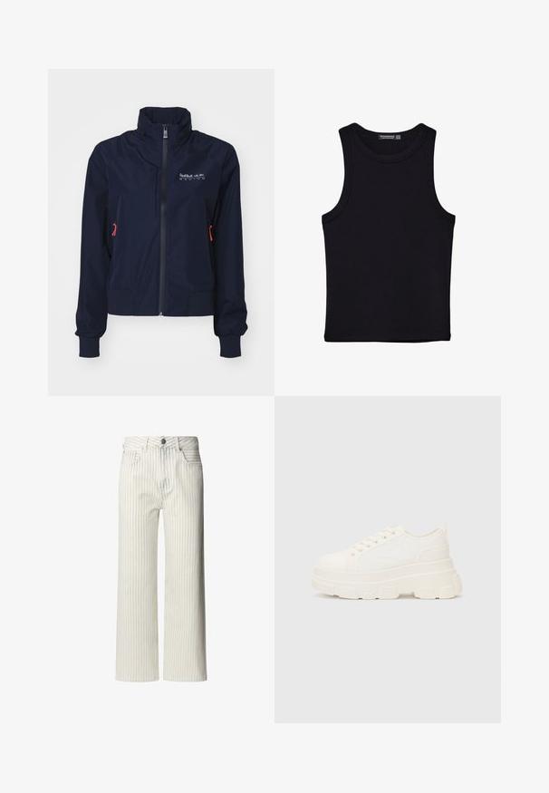 Mornarsko plava jakna od vjetrobranog materijala s visokim ovratnikom, prednjim zipom, elastičnim manžetama i crvenim metalnim detaljima. Logo na gornjem lijevom dijelu prsnog koša.; Crni top bez rukava od pamuka, s okruglim izrezom i širokim izrezima za ruke. Glatka tekstura s ušivenim rubovima. Klasičan, minimalistički dizajn.; Svijetlosmeđi široki hlače s vertikalnim prugama, izrađene od pamučne tkanine. Imaju pojas sa dugmadi i petljama za remen.; Bijela platnena tenisica s debelim potplatom, zaobljenim vrhom i pet rupica za vezice. Stražnji tab za jednostavno obuvanje. Glatka tekstura, minimalistički dizajn.