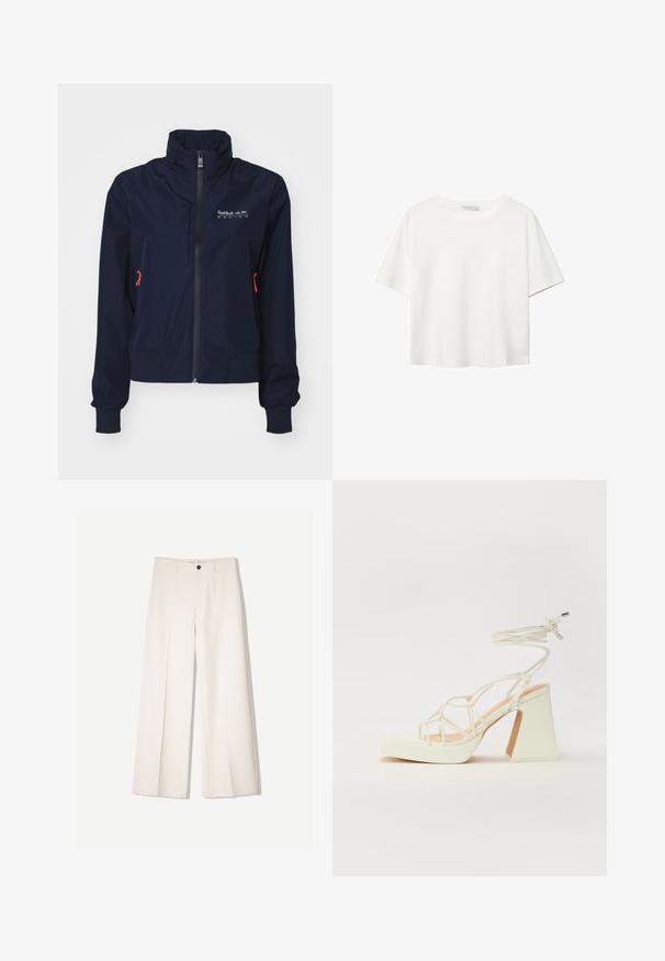 Mornarsko modra vetrovka z visokim ovratnikom, sprednjim zadrgo, elastičnimi manšeti in rdečimi kovinskimi dodatki. Logotip na zgornjem levem prsnem delu.; Bela kratka majica s kratkimi rokavi iz bombaža. Ima okroglo izrezovanje in sproščen kroj. Gladka tekstura brez vidnih vzorcev ali poudarkov.; Kremne široke hlače s krojem, ki vključujejo dve sprednji žepi in en sprednji gumb za zapiranje, izdelane iz gladkega blaga.; Bela sandala na visokih petah s debelim petam, ki ima obliko trakcev in vezanje okoli gležnja. Gladka tekstura z platformo spredaj za dodatno višino.