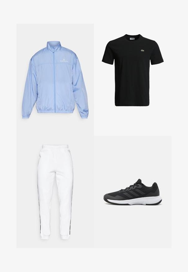Hele sinine, lukustatav tuulejakak, mis on valmistatud läikivast, kergest materjalist. Omab elastseid mansette ja tikitud logo rinnal.; Must musta T-särk ümarate kaelustega, lühikeste varrukatega ja väikese rohelise krokodilli logoga vasakul rinnal. Sile tekstuur, igapäevane disain.; Valged dressipüksid elastse vöökoha ja mustade külgtriipudega. Valmistatud pehmest kangast, millel on sile tekstuur.; Must värvi sportlik king, millel on tekstuuriga pealispind, kolm horisontaalset triipu ja valge põhi mustriga tallaga. Kerge ja voolujooneline disain.