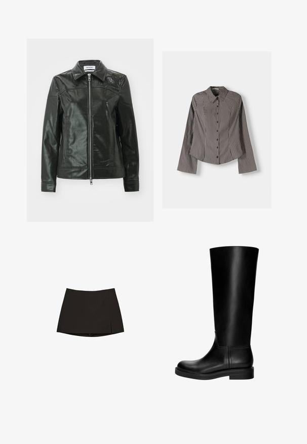 Crna kožna jakna s sjajnim završetkom, zatvaranje na zip, i oštar ovratnik. Ima bočne džepove i šivane detalje na ramenima.; Prugasta košulja na dugih rukava u smeđoj i bijeloj boji, s oštrim kragnom i zakrivljenim rubom. Tekstuirana tkanina s vertikalnim prugama.; Crna mini suknja ravnog kroja s blagim bočnim prorezi. Izrađena od glatkog materijala, s čistoj obrubi i minimalističkim dizajnom.; Crne kožne čizme do koljena s glatkom teksturom, zaobljenim vrhom, suptilnim dizajnom i niskim blok petama. Nema vidljivih dijelova od hardvera ili uzoraka.