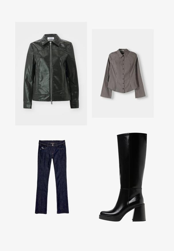 Črna usnjena jakna z bleščečo površino, z zadrgo spredaj in koničastim ovratnikom. Ima stranske žepe in šivane detajle na ramenskih delih.; Prugasta srajca z gumbi v rjavi in beli barvi, z dolgimi rokavi, koničastim ovratnikom in ukrivljenim robom. Teksturovana tkanina z navpičnimi črtami.; Temno modri kavbojki z ravnim krojem, z zapiranjem na gumb spredaj, petimi žepi in vidnim šivom ob šivih.; Črne škornje do kolen, izdelane iz sijočega materiala, z debelim blok peta in zaobljenim prstom. Šivi potekajo ob zunanji strani.