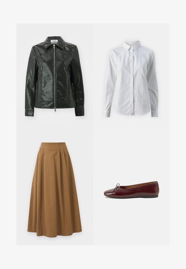 Casaco de couro preto com um acabamento brilhante, fecho à frente com zipper e gola pontiaguda. Apresenta bolsos laterais e costura detalhada nos ombros.; Camisa branca de botão feita de algodão suave, com colarinho clássico, mangas longas e bainha curva. Os botões são pequenos e brancos.; Saia A-line de algodão castanho com cintura alta, apresentando pregas na parte da frente e uma textura suave. As bordas da bainha são limpas e simples.; Bailarinas em couro sintético borgonha com bico redondo, pequeno laço na frente e sola baixa em borracha preta. Textura suave.