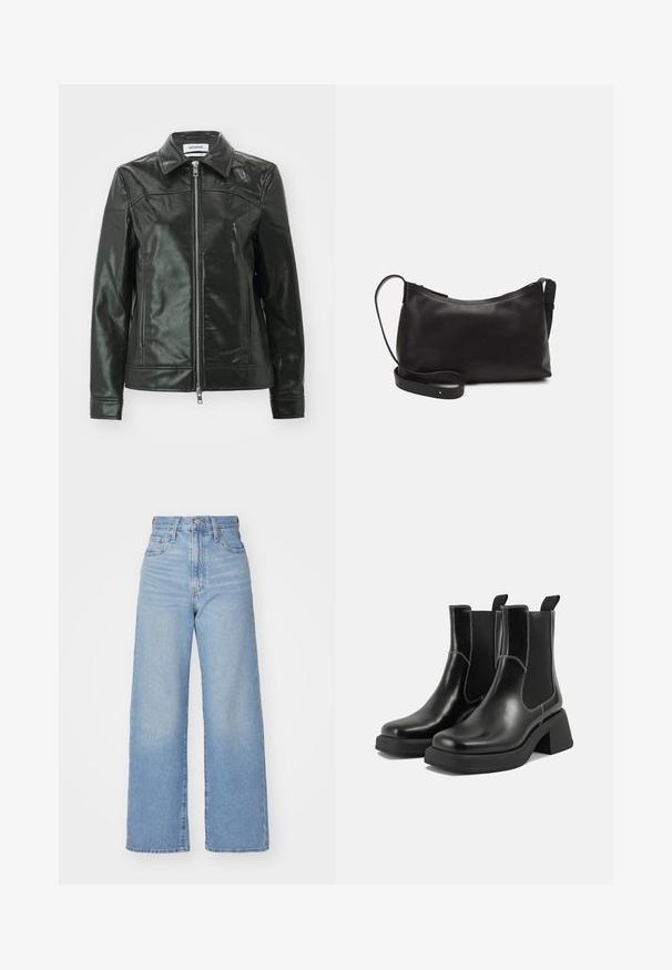 Black leather jacket with a shiny finish, zip front, and a pointed collar. Features side pockets and stitched detailing on shoulders.; Black short-sleeve t-shirt made of cotton. Features a crew neckline and relaxed fit. Label reads “WEEKDAY” at the collar.; Light blue high-waist wide-leg jeans with front button and zip closure, front and back pockets, on a white background.; Black leather Chelsea boots with a chunky heel, elastic side panels, and contrasting white stitching. Textured finish.; Black leather shoulder bag with a smooth texture, curved shape, adjustable strap, and a zip closure. Minimalist design without embellishments.
