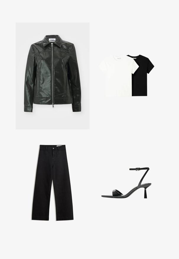 Fekete bőrdzseki fényes felülettel, cipzáros elülső résszel és hegyes gallérral. Oldalsó zsebekkel és varrott részletekkel a vállakon.; Két rövid ujjú póló, az egyik fehér, a másik fekete, pamutból készült. Mindkettő kerek nyakkivágással és egyszerű, klasszikus dizájnnal rendelkezik.; Fekete, bő szabású farmernadrág magas derékkal, elülső és hátsó zsebekkel, varrott felületekkel és gombos záródással. Sima textúra.; Bershka Magas sarkú szandálok - black