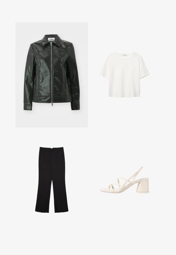 Crna kožna jakna s sjajnim završetkom, zatvaranje na zip, i oštar ovratnik. Ima bočne džepove i šivane detalje na ramenima.; Bijela majica kratkih rukava od pamuka. Ima okrugli izrez i opušteni kroj. Glatka tekstura bez vidljivih uzoraka ili naglasaka.; Crne hlače ravnog kroja, s prednjim džepovima i bočnim prorezima na rubu. Izrađene od mekog i glatkog materijala. Pogodne za razne prigode.; Bež sandale na visoku petu sa trakama, zaobljenim otvorenim prstom i srednjom blok petom. Imaju prilagodljivu traku oko gležnja i glatku, sjajnu površinu.