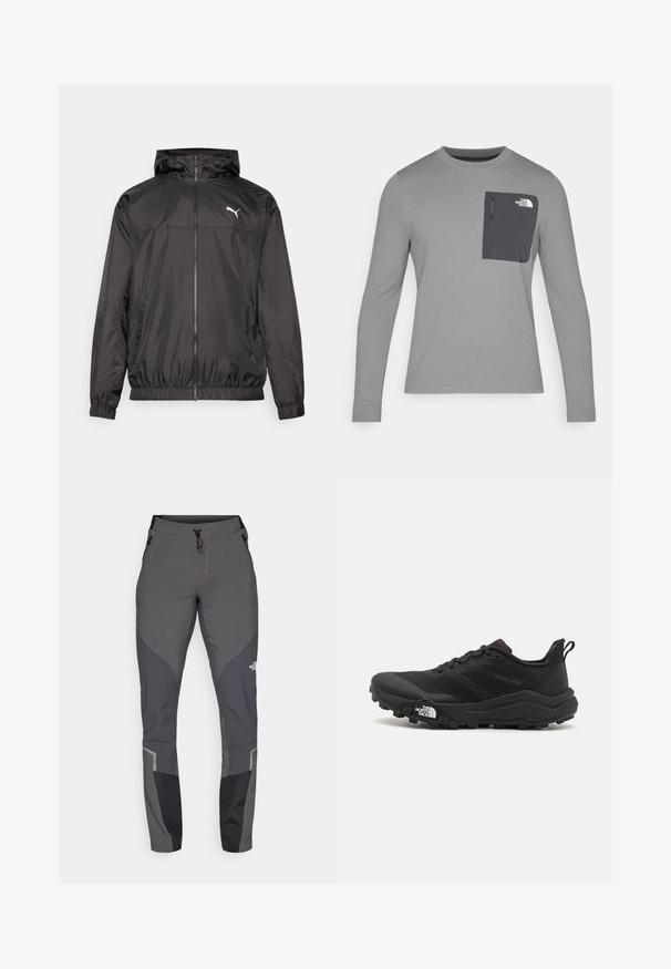 Svart vindjakke laget av lett materiale. Har glidelås foran, hette, elastiske mansjetter og sidelommer. Puma-logo på brystet.; Langermet grå skjorte med strukturert stoff, med en mørk grå brystlomme og glidelås. Logo på lommen i hvitt.; Grå tursbukser med en innsnevret design, flere lommer og kontrasterende mørkegrå og svarte detaljer. Laget av et fleksibelt, slitesterkt materiale.; Svart terrengløpesko med teksturert overdel, gummisåle og forsterket tåhette. Har polstret krage og løftestropp for enkel påkledning.