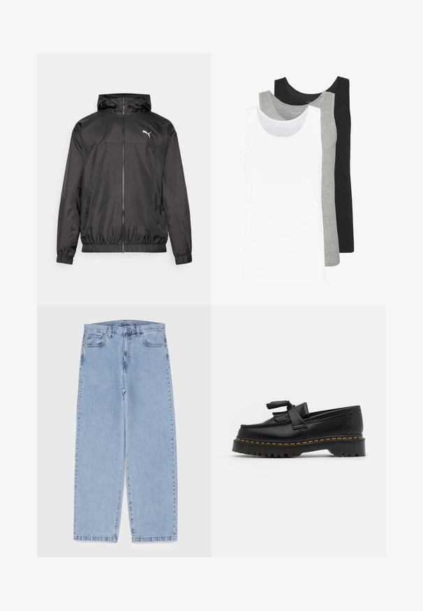 Chaleco cortavientos negro hecho de material ligero. Cuenta con cierre frontal con cremallera, capucha, puños elásticos y bolsillos laterales. Logo de Puma en el pecho.; Tres camisetas sin mangas en blanco, gris y negro. Cada una presenta un diseño clásico sin mangas, fabricadas con un tejido de algodón ligero y con una textura acanalada.; Jean de mezclilla azul claro con diseño de pierna recta, con una cintura de altura media, cinco bolsillos y un cierre de botón y cremallera.; Mocasín de cuero negro con un acento de borlas, que presenta una suela gruesa negra y costuras amarillas a lo largo del borde. Acabado texturizado.