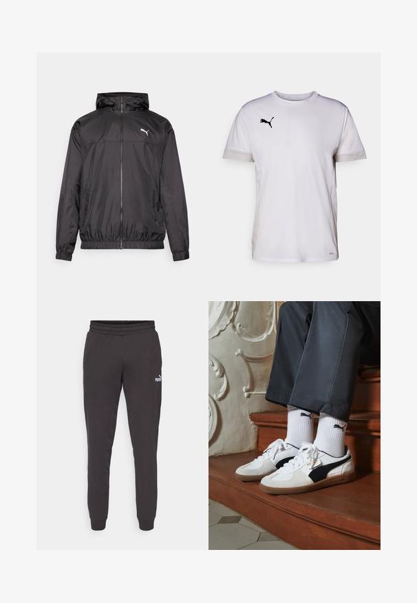 Sort vindjakke lavet af let materiale. Har lynlås foran, hætte, elastiske manchetter og sidelommer. Puma-logo på brystet.; Hvid kortærmet træningsshirt med rund halsudskæring, der har åndbare mesh-detaljer i siderne og et sort Puma-logo på brystet.; Mørkegrå sweatpants med elastisk talje, tapered ben og et lille hvidt Puma-logo på venstre lår. Blødt bomuldsblandingsmateriale.; Puma sneakers i hvid og sort ruskind med en brun gummisål. Bæres med hvide sokker med et sort logo og mørke bukser.