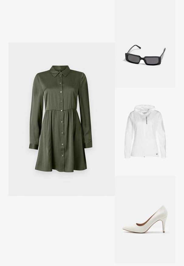 Witte zip-up hoodie van lichtgewicht materiaal, met een capuchon, elastische manchetten en een zwart logo detail aan de onderzijde links.; Olijfgroene blousejurk met lange mouwen, een getailleerde taille en kraag, een licht uitlopende rok en omgeslagen mouwen.; Witte laarzen van patenter leer met een scherp neus en een glad oppervlak, met een slanke hak en een lage uitsnede rond de opening.; Zwarte zonnebril met een rechthoekig montuur, donkere lenzen en een gladde glanzende afwerking. Beschikt over dunne sleuven met subtiele branding aan de zijkant.