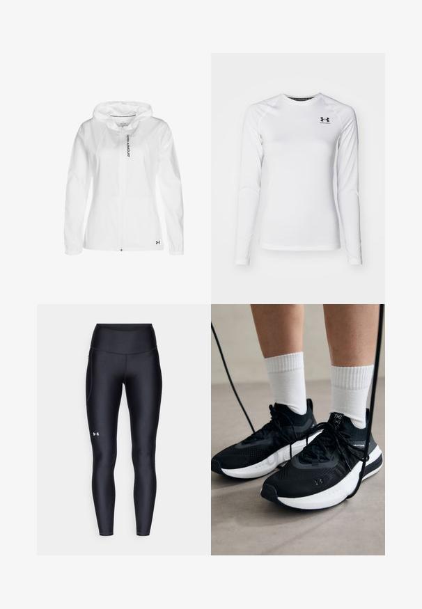 Vit zip-up hoodie tillverkad av lätt material, med huva, elastiska muddar och en svart logotypdetalj på nedre vänstra sidan.; Vit långärmad träningströja i mjukt tyg, med rundad halsringning och svart logotyp på övre vänstra bröstet.; Svarta leggings i ett smidigt, stretchigt material med hög midja. Har en vit logotyp på vänstra låret och en åtsittande design.; Svarta sportskor med texturerat tyg, vit sula och svarta snören. Bärs med vita reglerade strumpor, stående på en ljus yta.