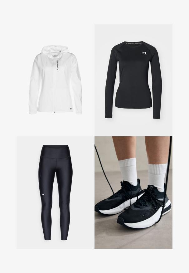 Sudadera blanca con cremallera hecha de un material ligero, con capucha, puños elásticos y un detalle de logo negro en la parte inferior izquierda.; Camisa atlética de manga larga negra hecha de una tela suave, con un escote redondo y un pequeño logotipo blanco en el lado izquierdo del pecho.; Leggings negros hechos de un material suave y elástico con una cintura alta. Presentan un logo blanco en el muslo izquierdo y un diseño ajustado.; Zapatillas deportivas negras con tela texturizada, suela blanca y cordones negros. Llevadas con calcetines blancos de canalé, de pie sobre una superficie clara.