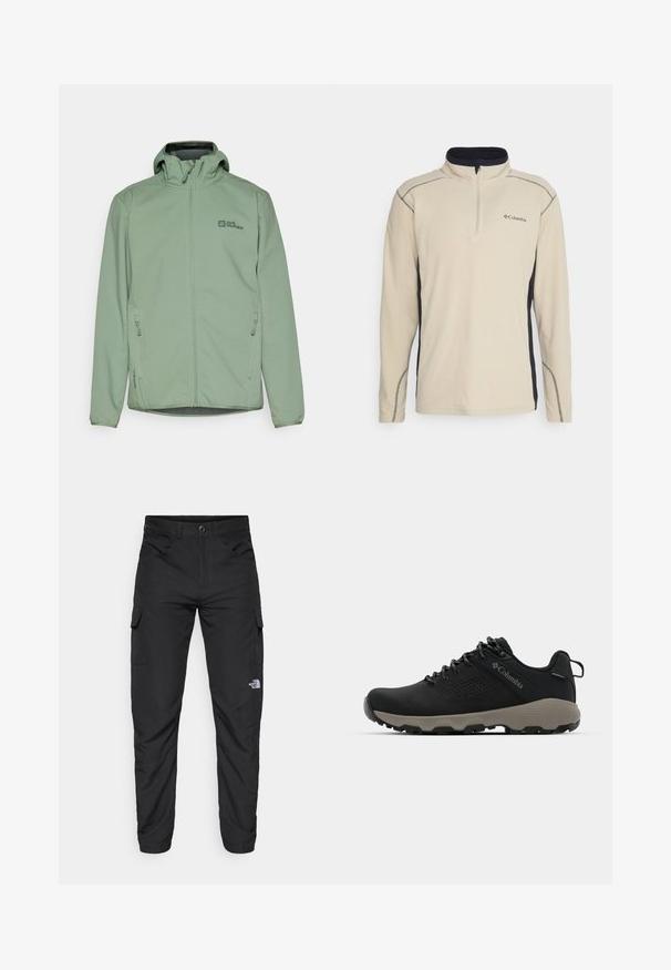 Svetlo zelena zip-up jakna s kapuco, narejena iz mehkega materiala. Ima dva stranska žepa in majhen logotip na prsih.; Bež flis pulover z črnim stranskim panelom, polovičnim zadrgo spredaj in kontrastnim šivanjem. Ima majhen logotip na prsih.; The North Face HORIZON PANT - Hlače za na prostem - black; Črne pohodniške čevlje z gladkim zgornjim delom, perforiranim dizajnom, sivo podplatom in ojačanim petnim delom. Imajo vezalke in zanko za enostavno obuvanje.