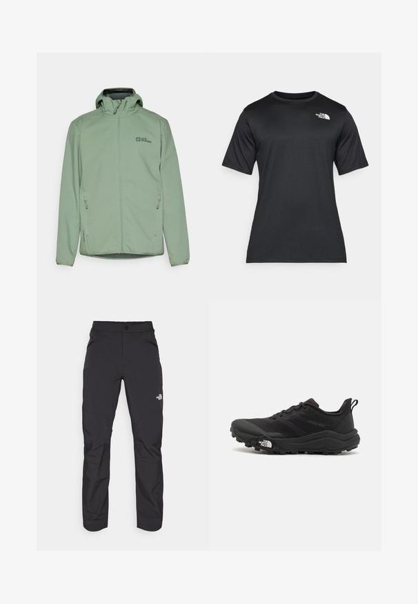 Svijetlozelena jakna sa zatvaračem i kapuljačom, izrađena od mekanog materijala. Ima dva bočna džepa i mali logo na prsima.; Crna majica kratkih rukava od lagane, prozračne tkanine koja upija vlagu. Ima bijeli logo na lijevoj strani prsnog koša i okrugli izrez.; Crne hlače za vanjsko nošenje s patentnim zatvaračem na prednjem džepu, sintetički materijal, sužavajuće nogavice i ojačane koljenice. Sadrži zatvaranje na gumb.; Crne trail trkačke cipele s teksturiranim gornjim dijelom, gumeni potplat i ojačana zaštita za prste. Imaju podstavljen ovratnik i trakicu za lakše obuvanje.