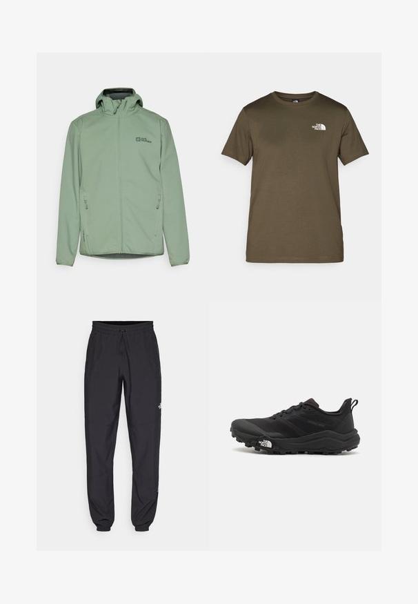 Jachetă verde deschis cu fermoar și glugă, realizată dintr-un material moale. Are două buzunare laterale și un logo mic pe piept.; Tricou din bumbac de culoare verde măsliniu, cu mâneci scurte, de tip crew neck, și un logo alb pe partea stângă a pieptului. Textură a materialului neted, croi normal.; Pantaloni atletici negri, confecționați dintr-un material ușor, cu un tiv elastic la talie, buzunare laterale și tivuri ajustate la gleznă.; Pantofii de alergare pe teren accidentat, de culoare neagră, cu un superior texturat, talpă din cauciuc și vârf întărit. Prezintă un guler căptușit și o bandă de prindere pentru îmbrăcare ușoară.