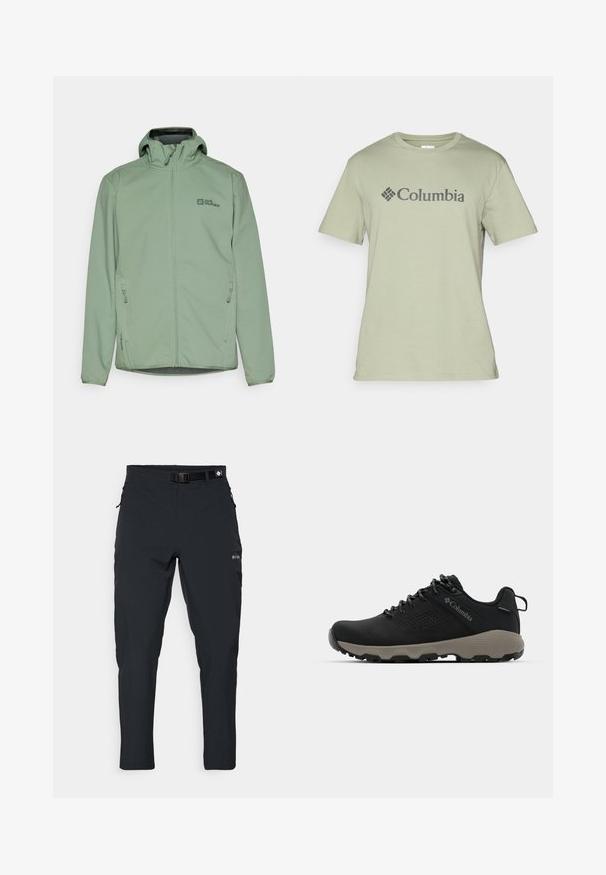 Chaqueta verde claro con cremallera y capucha, fabricada en un tejido suave. Presenta dos bolsillos laterales y un pequeño logo en el pecho.; Camiseta de algodón verde claro con cuello redondo, mangas cortas y un logo de "Columbia" en gris oscuro en el frente. Textura suave.; Columbia ESSENTIAL HIKE™ PANT - Pantalones montañeros largos - black; Zapato de senderismo negro con una parte superior lisa, diseño perforado, suela gris y talón reforzado. Cuenta con cordones y un asa para facilitar el uso.