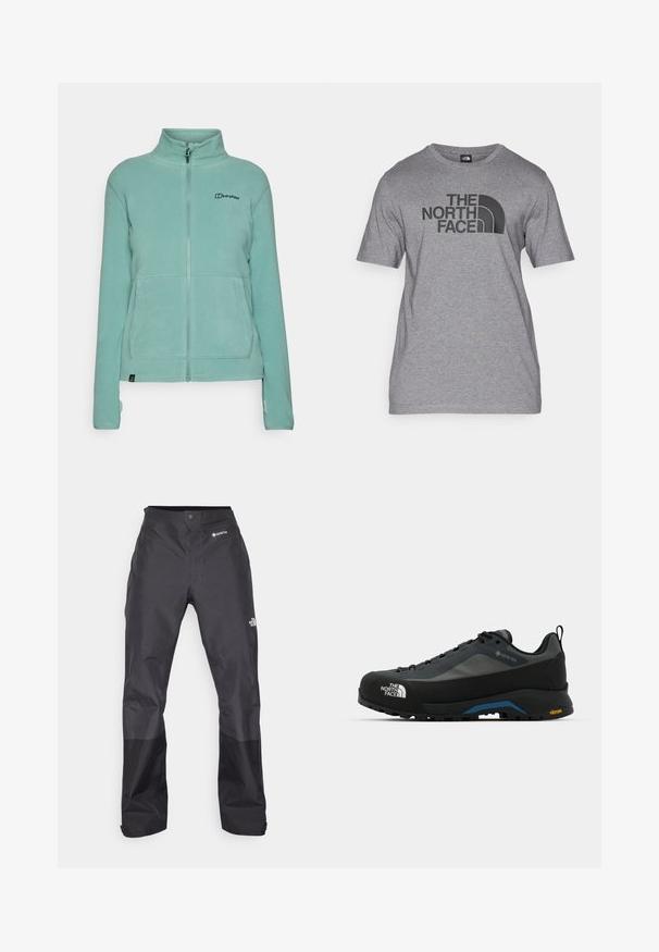 Giacca in pile di un colore turchese chiaro con colletto alto, zip completa, due tasche frontali e dettaglio del logo sul lato sinistro del petto. Texture morbida.; T-shirt grigio a maniche corte in misto cotone, con una stampa grafica nera di "THE NORTH FACE" e un dettaglio del logo curvo sulla parte anteriore.; Pantaloni impermeabili neri con una texture liscia, dotati di un logo GORE-TEX sulla parte anteriore e rinforzi sulle gambe inferiori per una maggiore durata.; The North Face VERTO ALPINE GORE TEX - Scarpa da hiking - asphalt grey/tnf black